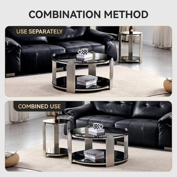 English Elm 16.90 Inch Round End Table Two Tier Tempered Glass Top Steel Frame Living Room W3357P482006