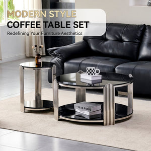 English Elm 16.90 Inch Round End Table Two Tier Tempered Glass Top Steel Frame Living Room W3357P482006