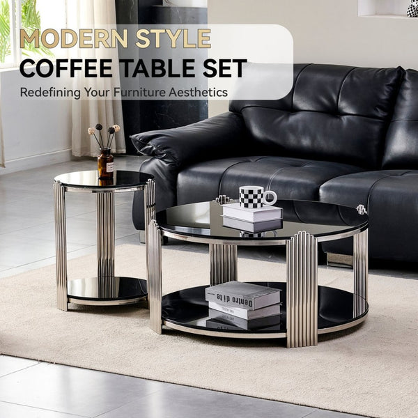 English Elm 16.90 Inch Round End Table Two Tier Tempered Glass Top Steel Frame Living Room W3357P482006