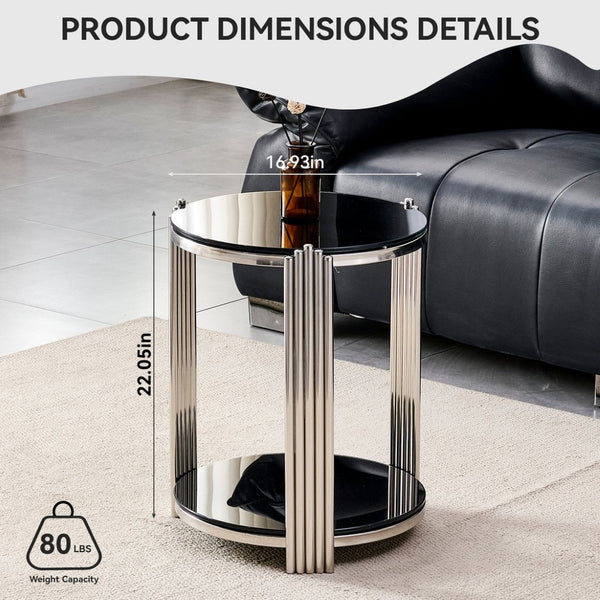 English Elm 16.90 Inch Round End Table Two Tier Tempered Glass Top Steel Frame Living Room W3357P482006