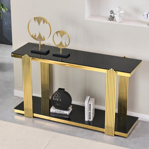 English Elm 55.00 Inch Mirrored Stainless Steel Console Table with Tempered Glass Top and Open Lower Shelf Gold+Black W3357P499487