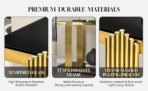 English Elm 55.00 Inch Mirrored Stainless Steel Console Table with Tempered Glass Top and Open Lower Shelf Gold+Black W3357P499487
