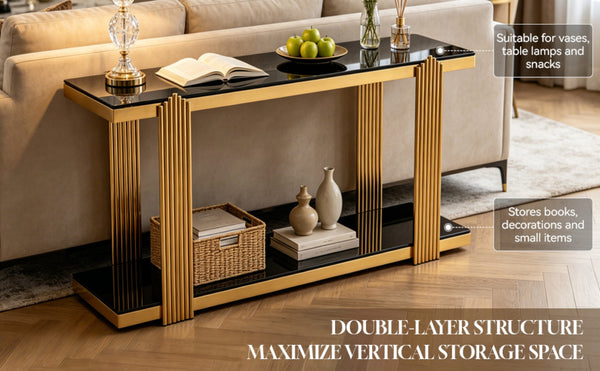 English Elm 55.00 Inch Mirrored Stainless Steel Console Table with Tempered Glass Top and Open Lower Shelf Gold+Black W3357P499487