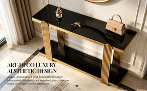English Elm 55.00 Inch Mirrored Stainless Steel Console Table with Tempered Glass Top and Open Lower Shelf Gold+Black W3357P499487