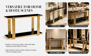 English Elm 55.00 Inch Mirrored Stainless Steel Console Table with Tempered Glass Top and Open Lower Shelf Gold+Black W3357P499487