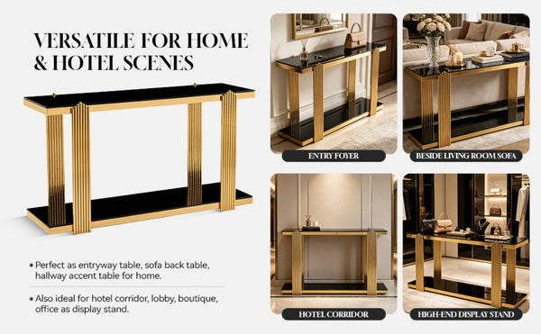 English Elm 55.00 Inch Mirrored Stainless Steel Console Table with Tempered Glass Top and Open Lower Shelf Gold+Black W3357P499487