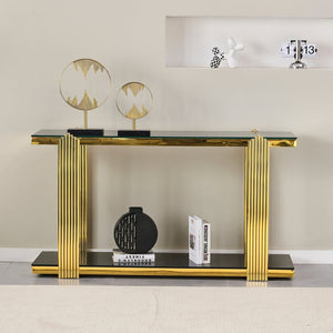 English Elm 55.00 Inch Mirrored Stainless Steel Console Table with Tempered Glass Top and Open Lower Shelf Gold+Black W3357P499487