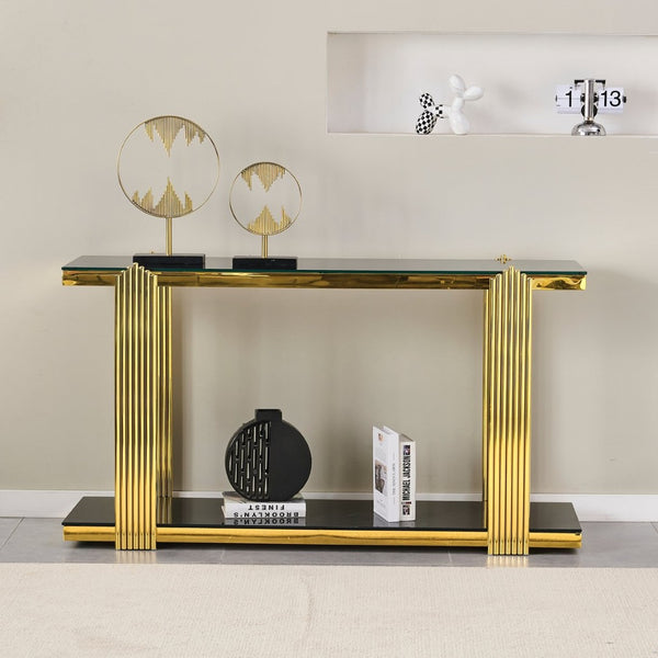 English Elm 55.00 Inch Mirrored Stainless Steel Console Table with Tempered Glass Top and Open Lower Shelf Gold+Black W3357P499487