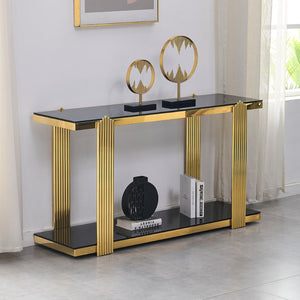 English Elm 55.00 Inch Mirrored Stainless Steel Console Table with Tempered Glass Top and Open Lower Shelf Gold+Black W3357P499487