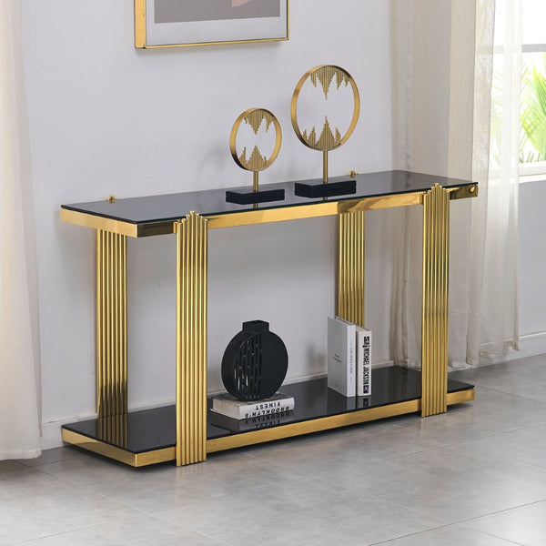 English Elm 55.00 Inch Mirrored Stainless Steel Console Table with Tempered Glass Top and Open Lower Shelf Gold+Black W3357P499487