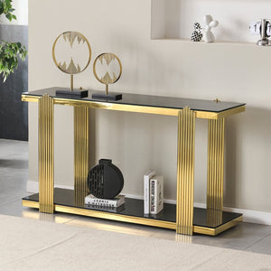 English Elm 55.00 Inch Mirrored Stainless Steel Console Table with Tempered Glass Top and Open Lower Shelf Gold+Black W3357P499487