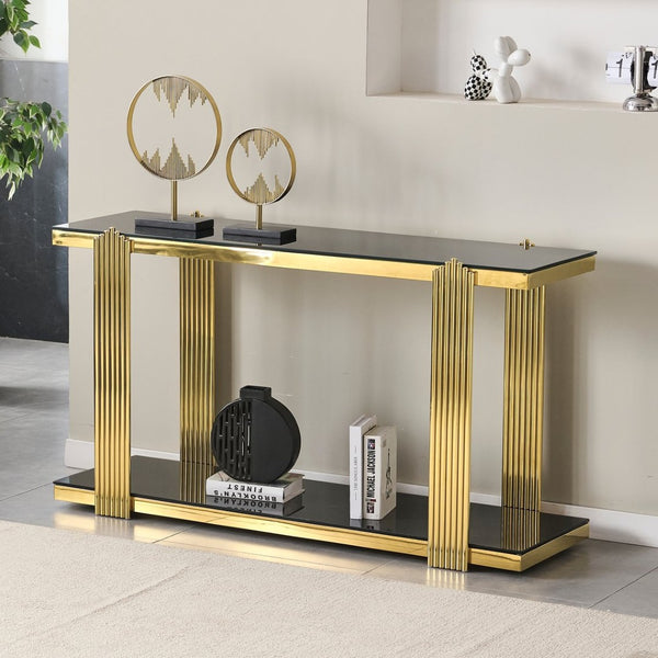English Elm 55.00 Inch Mirrored Stainless Steel Console Table with Tempered Glass Top and Open Lower Shelf Gold+Black W3357P499487