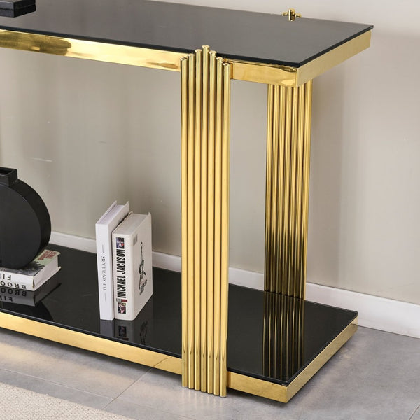 English Elm 55.00 Inch Mirrored Stainless Steel Console Table with Tempered Glass Top and Open Lower Shelf Gold+Black W3357P499487