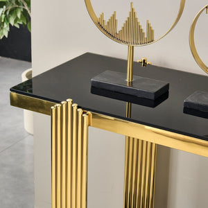 English Elm 55.00 Inch Mirrored Stainless Steel Console Table with Tempered Glass Top and Open Lower Shelf Gold+Black W3357P499487