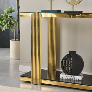 English Elm 55.00 Inch Mirrored Stainless Steel Console Table with Tempered Glass Top and Open Lower Shelf Gold+Black W3357P499487