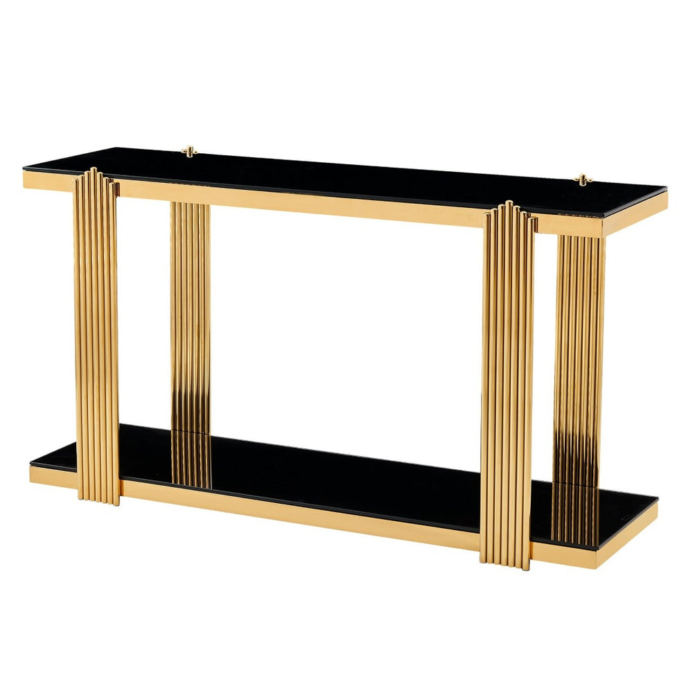 English Elm 55.00 Inch Mirrored Stainless Steel Console Table with Tempered Glass Top and Open Lower Shelf Gold+Black W3357P499487