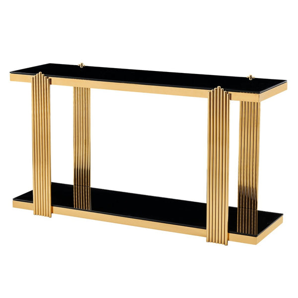 English Elm 55.00 Inch Mirrored Stainless Steel Console Table with Tempered Glass Top and Open Lower Shelf Gold+Black W3357P499487