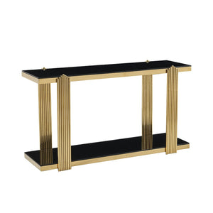 English Elm 55.00 Inch Mirrored Stainless Steel Console Table with Tempered Glass Top and Open Lower Shelf Gold+Black W3357P499487