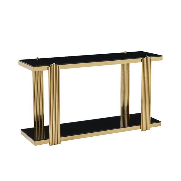 English Elm 55.00 Inch Mirrored Stainless Steel Console Table with Tempered Glass Top and Open Lower Shelf Gold+Black W3357P499487
