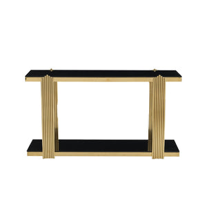 English Elm 55.00 Inch Mirrored Stainless Steel Console Table with Tempered Glass Top and Open Lower Shelf Gold+Black W3357P499487