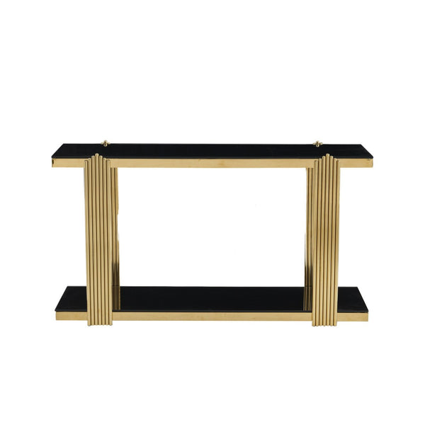English Elm 55.00 Inch Mirrored Stainless Steel Console Table with Tempered Glass Top and Open Lower Shelf Gold+Black W3357P499487