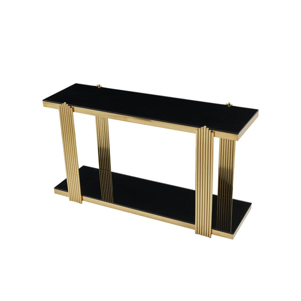 English Elm 55.00 Inch Mirrored Stainless Steel Console Table with Tempered Glass Top and Open Lower Shelf Gold+Black W3357P499487