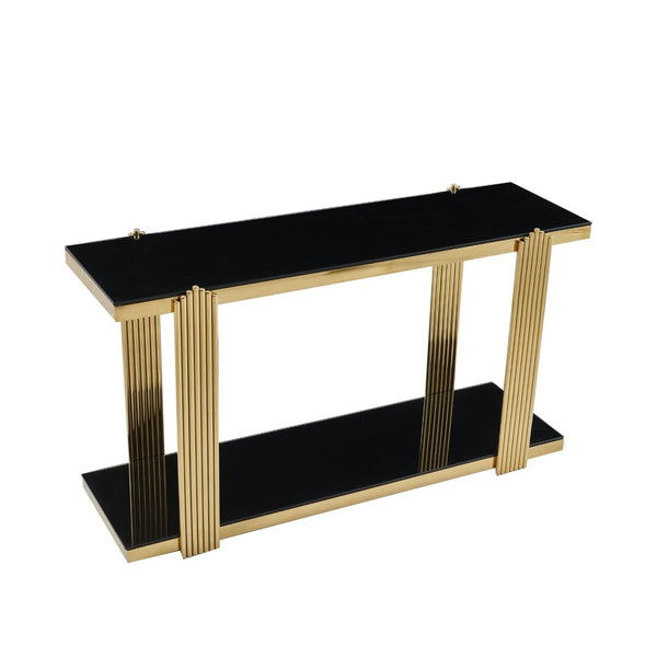 English Elm 55.00 Inch Mirrored Stainless Steel Console Table with Tempered Glass Top and Open Lower Shelf Gold+Black W3357P499487