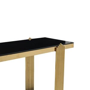 English Elm 55.00 Inch Mirrored Stainless Steel Console Table with Tempered Glass Top and Open Lower Shelf Gold+Black W3357P499487