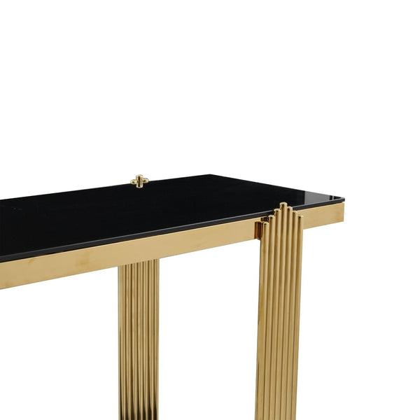 English Elm 55.00 Inch Mirrored Stainless Steel Console Table with Tempered Glass Top and Open Lower Shelf Gold+Black W3357P499487
