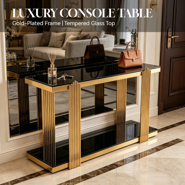 English Elm 55.00 Inch Mirrored Stainless Steel Console Table with Tempered Glass Top and Open Lower Shelf Gold+Black W3357P499487