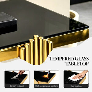 English Elm 55.00 Inch Mirrored Stainless Steel Console Table with Tempered Glass Top and Open Lower Shelf Gold+Black W3357P499487