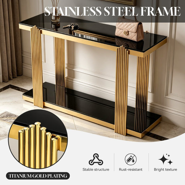 English Elm 55.00 Inch Mirrored Stainless Steel Console Table with Tempered Glass Top and Open Lower Shelf Gold+Black W3357P499487