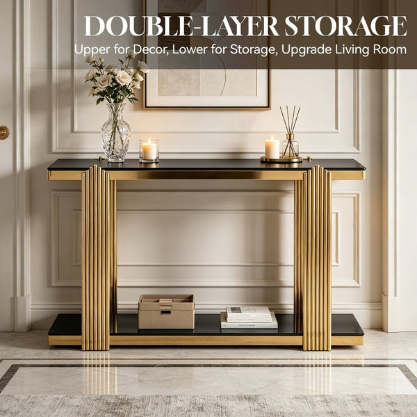 English Elm 55.00 Inch Mirrored Stainless Steel Console Table with Tempered Glass Top and Open Lower Shelf Gold+Black W3357P499487