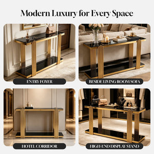 English Elm 55.00 Inch Mirrored Stainless Steel Console Table with Tempered Glass Top and Open Lower Shelf Gold+Black W3357P499487