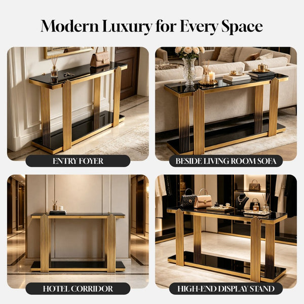 English Elm 55.00 Inch Mirrored Stainless Steel Console Table with Tempered Glass Top and Open Lower Shelf Gold+Black W3357P499487