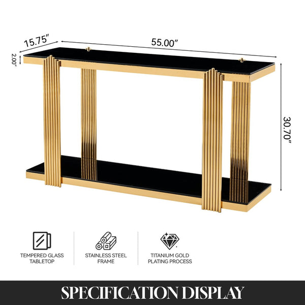 English Elm 55.00 Inch Mirrored Stainless Steel Console Table with Tempered Glass Top and Open Lower Shelf Gold+Black W3357P499487