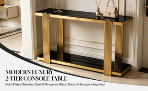 English Elm 55.00 Inch Mirrored Stainless Steel Console Table with Tempered Glass Top and Open Lower Shelf Gold+Black W3357P499487