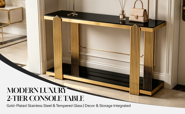 English Elm 55.00 Inch Mirrored Stainless Steel Console Table with Tempered Glass Top and Open Lower Shelf Gold+Black W3357P499487