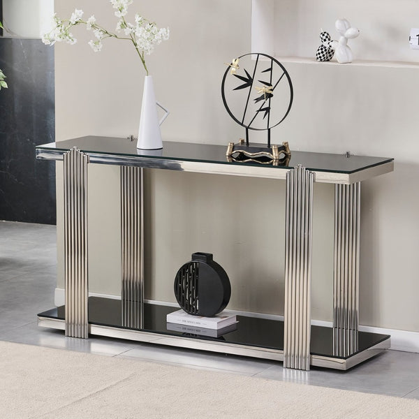 English Elm 55.00 Inch Mirrored Stainless Steel Console Table with Tempered Glass Top and Open Lower Shelf Black+Silver W3357P499490