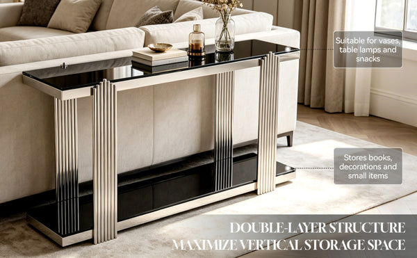 English Elm 55.00 Inch Mirrored Stainless Steel Console Table with Tempered Glass Top and Open Lower Shelf Black+Silver W3357P499490