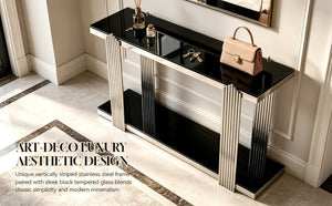 English Elm 55.00 Inch Mirrored Stainless Steel Console Table with Tempered Glass Top and Open Lower Shelf Black+Silver W3357P499490