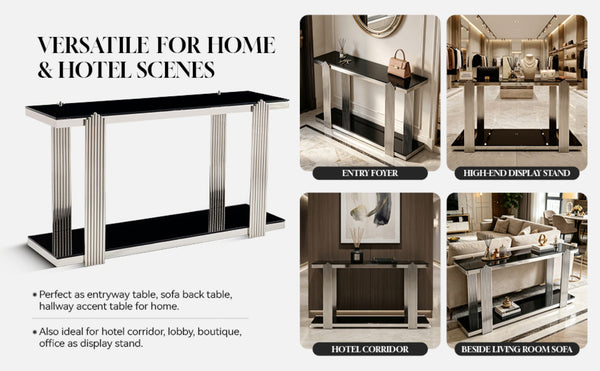 English Elm 55.00 Inch Mirrored Stainless Steel Console Table with Tempered Glass Top and Open Lower Shelf Black+Silver W3357P499490