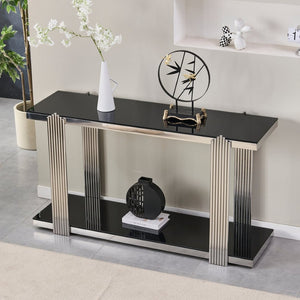 English Elm 55.00 Inch Mirrored Stainless Steel Console Table with Tempered Glass Top and Open Lower Shelf Black+Silver W3357P499490