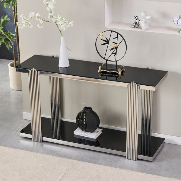 English Elm 55.00 Inch Mirrored Stainless Steel Console Table with Tempered Glass Top and Open Lower Shelf Black+Silver W3357P499490