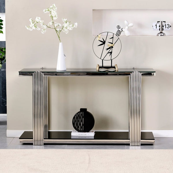 English Elm 55.00 Inch Mirrored Stainless Steel Console Table with Tempered Glass Top and Open Lower Shelf Black+Silver W3357P499490