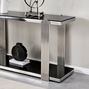 English Elm 55.00 Inch Mirrored Stainless Steel Console Table with Tempered Glass Top and Open Lower Shelf Black+Silver W3357P499490