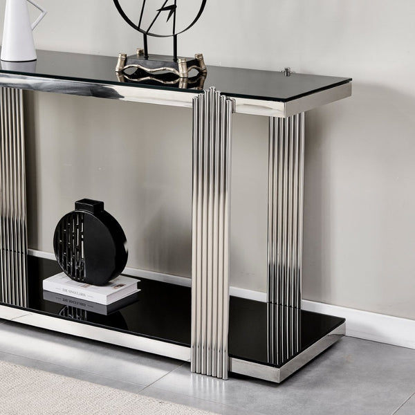 English Elm 55.00 Inch Mirrored Stainless Steel Console Table with Tempered Glass Top and Open Lower Shelf Black+Silver W3357P499490