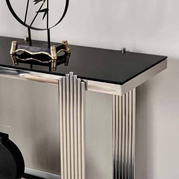 English Elm 55.00 Inch Mirrored Stainless Steel Console Table with Tempered Glass Top and Open Lower Shelf Black+Silver W3357P499490