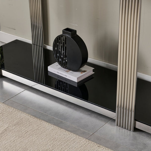 English Elm 55.00 Inch Mirrored Stainless Steel Console Table with Tempered Glass Top and Open Lower Shelf Black+Silver W3357P499490
