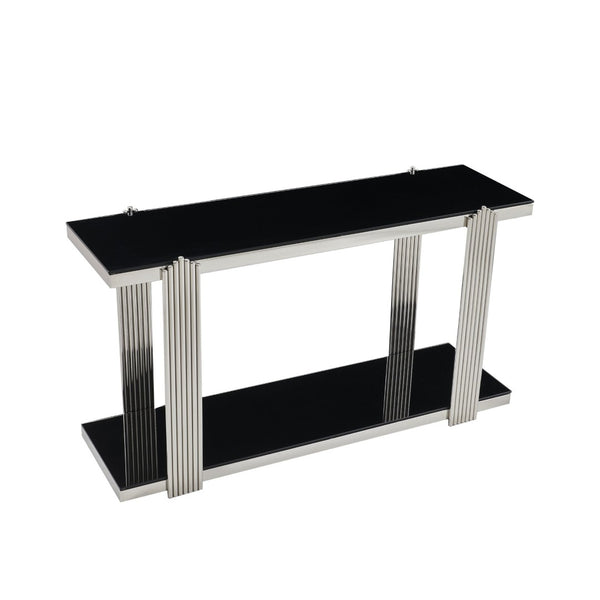 English Elm 55.00 Inch Mirrored Stainless Steel Console Table with Tempered Glass Top and Open Lower Shelf Black+Silver W3357P499490